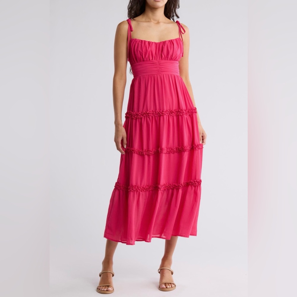 Lush Hot Pink Tiered‎ Ruffle Tie Shoulder Midi Dress